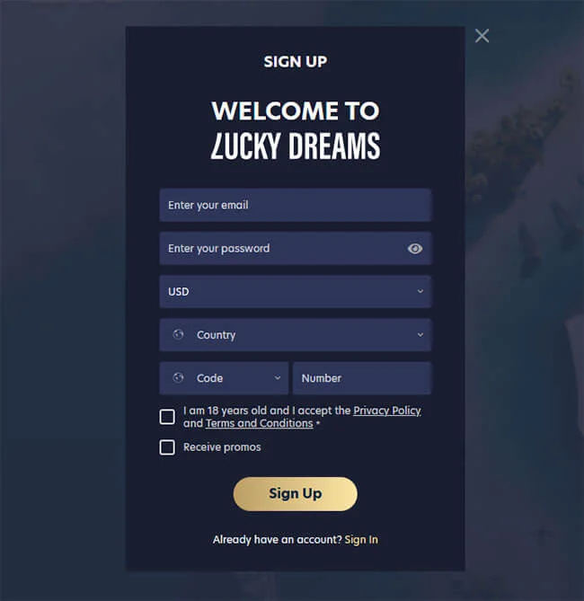 Lucky Dreams Casino registration and login page